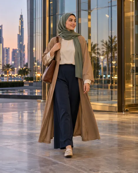 A young woman in a long, open camel coat, a cream blouse, wide navy trousers and a sage headscarf walks out of an office building in the evening light.