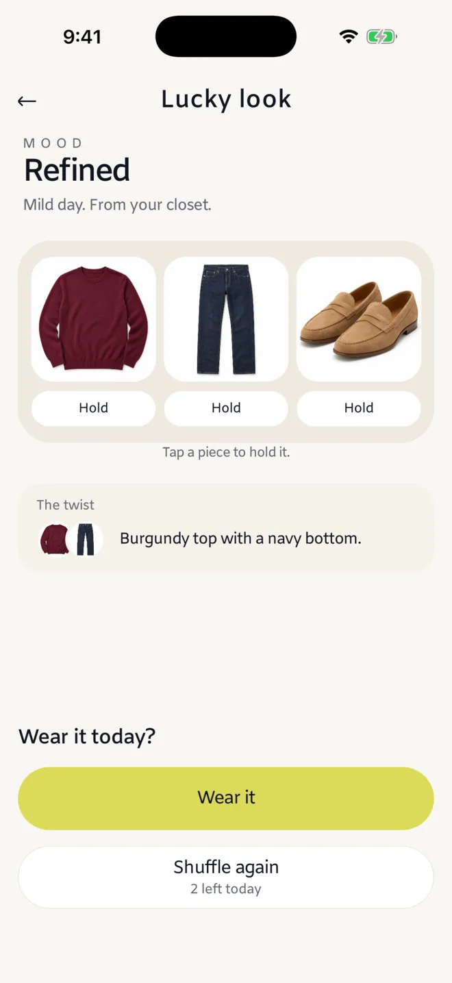 Lucky look in the app: three pieces side by side, each with a Hold button, and Wear it today?