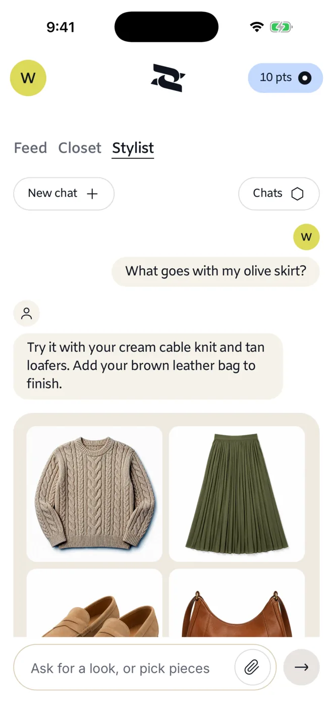 A Stylist chat in the app: a question about an olive skirt, a reply, and four pieces from the closet.
