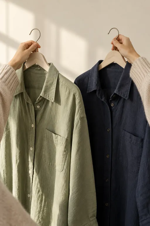 Two hands hold up two shirts on hangers, a sage one and a navy one.